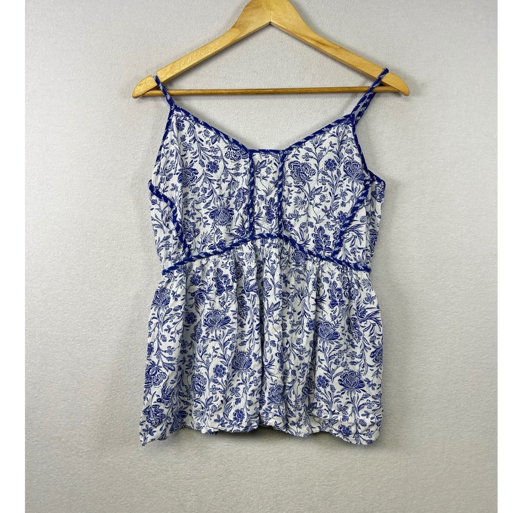 Cottagecore White Blue Floral Print Spaghetti Strap Peplum Top‎ XS